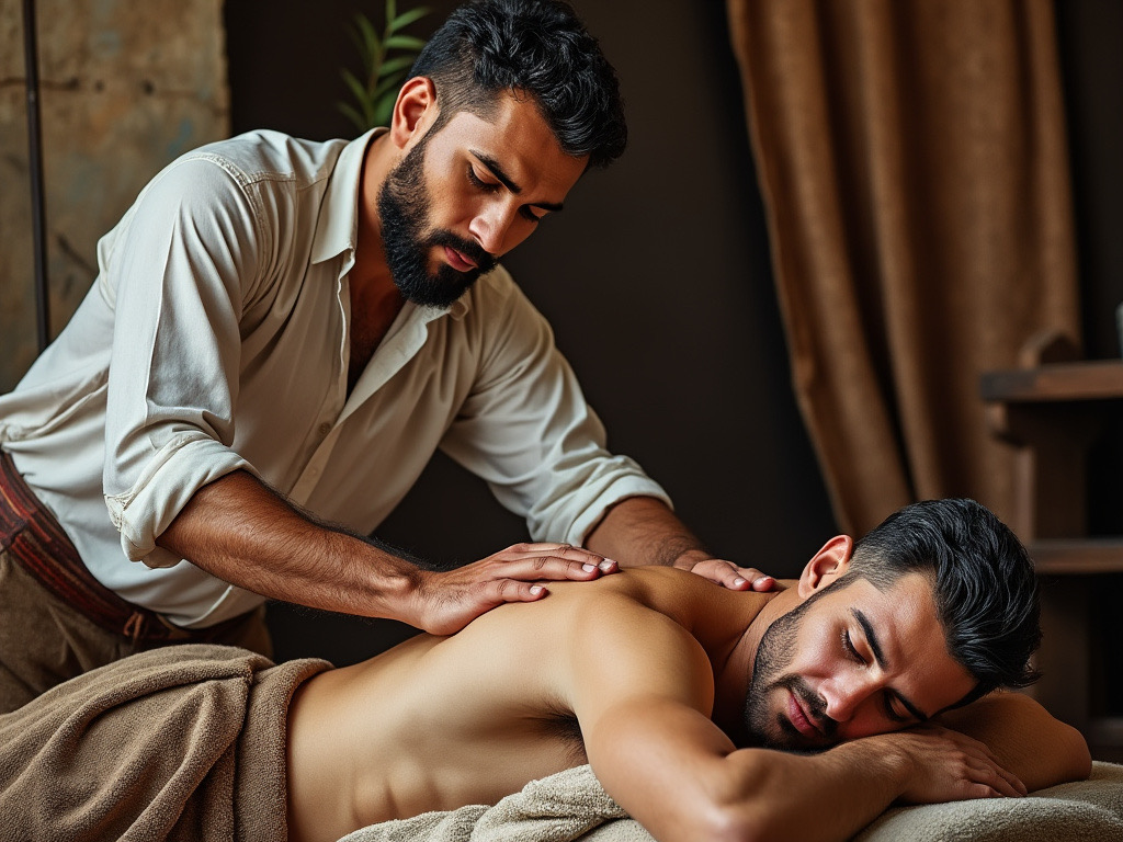 Depiction of a male masseur massaging a man. Concept of traditional middle eastern massage practice. The Timeless Journey of Massage: From Ancient Ritual to Modern Therapy