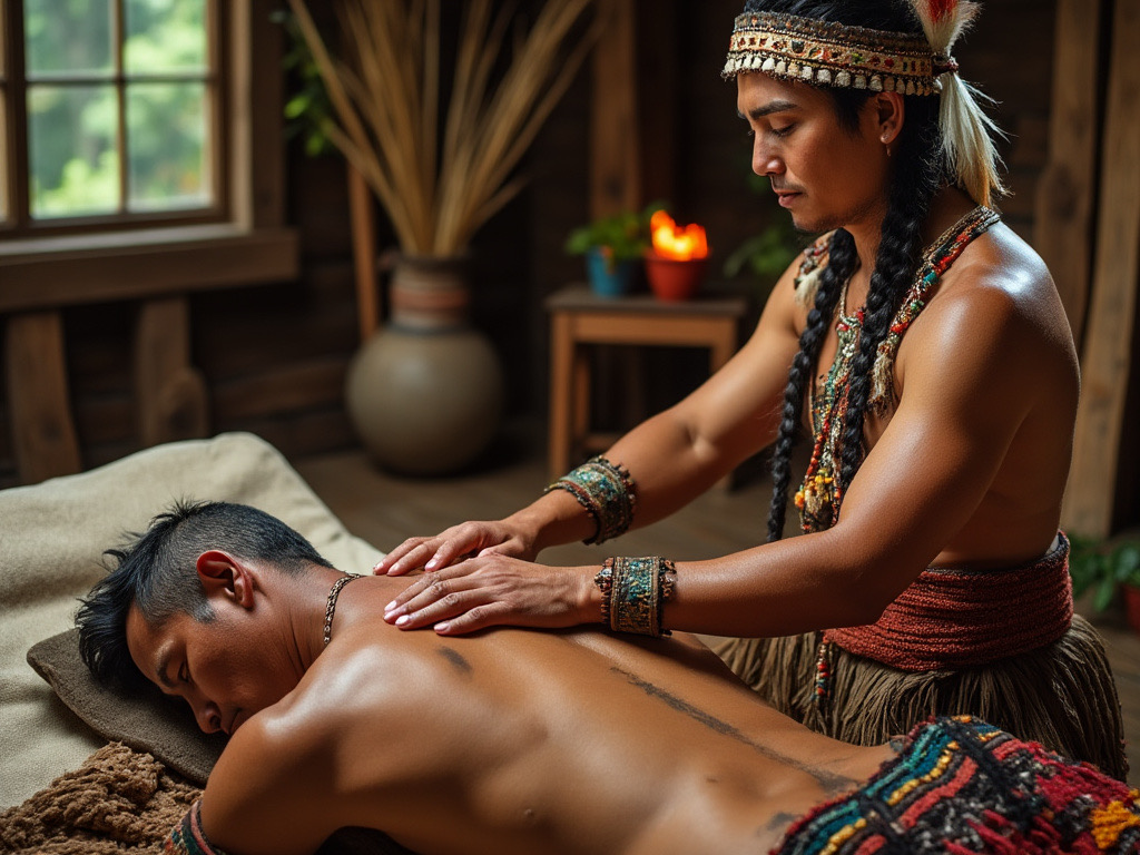 A traditional North American Indian gives a massage to a man. Concept of traditional North American Indian cultural massage practice. The Timeless Journey of Massage: From Ancient Ritual to Modern Therapy